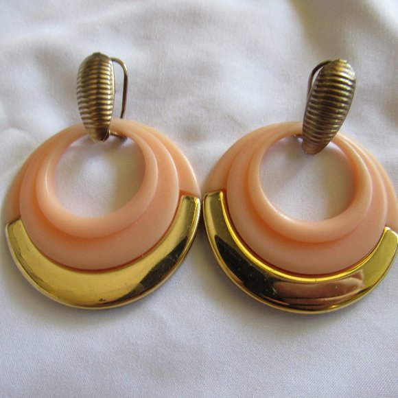 Salmon Pink and Gold Funky Hoop Earrings - Picture 1 of 2